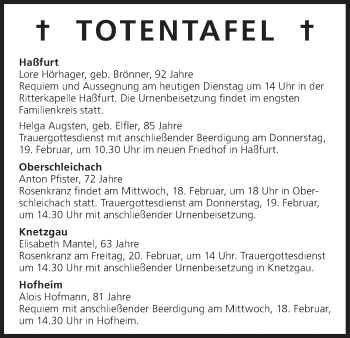 Anzeige von Totentafel vom 17.02.2015 von MGO