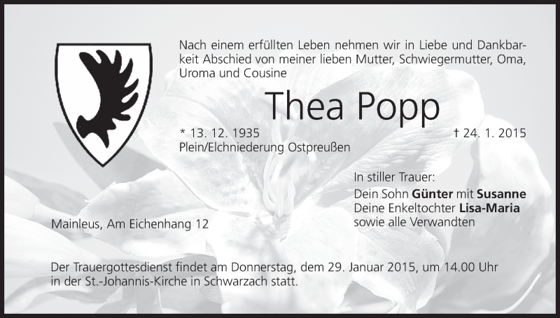  Traueranzeige für Thea Popp vom 26.01.2015 aus MGO