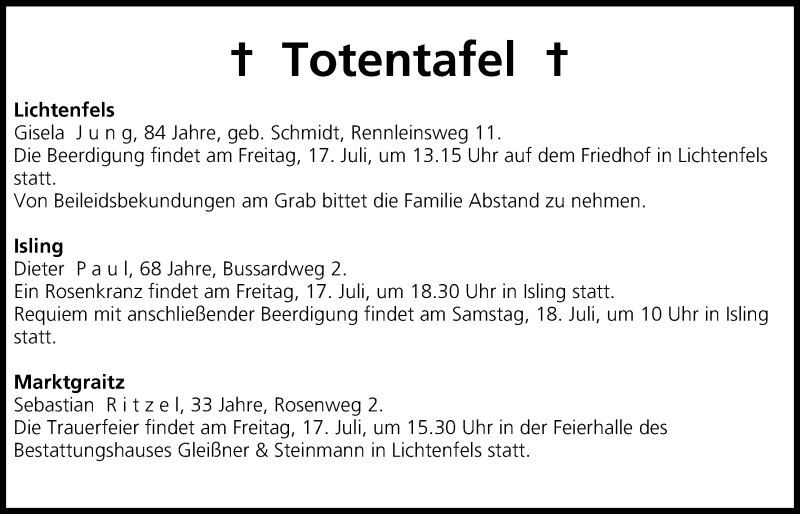  Traueranzeige für Sebastian Ritzel vom 17.07.2015 aus MGO