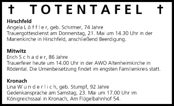 Anzeige von Totentafel vom 20.05.2015 von MGO