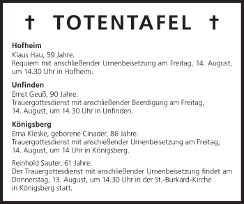 Anzeige von Totentafel vom 13.08.2015 von MGO