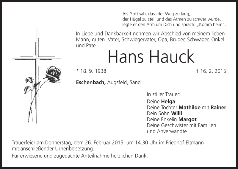  Traueranzeige für Hans Hauck vom 23.02.2015 aus MGO