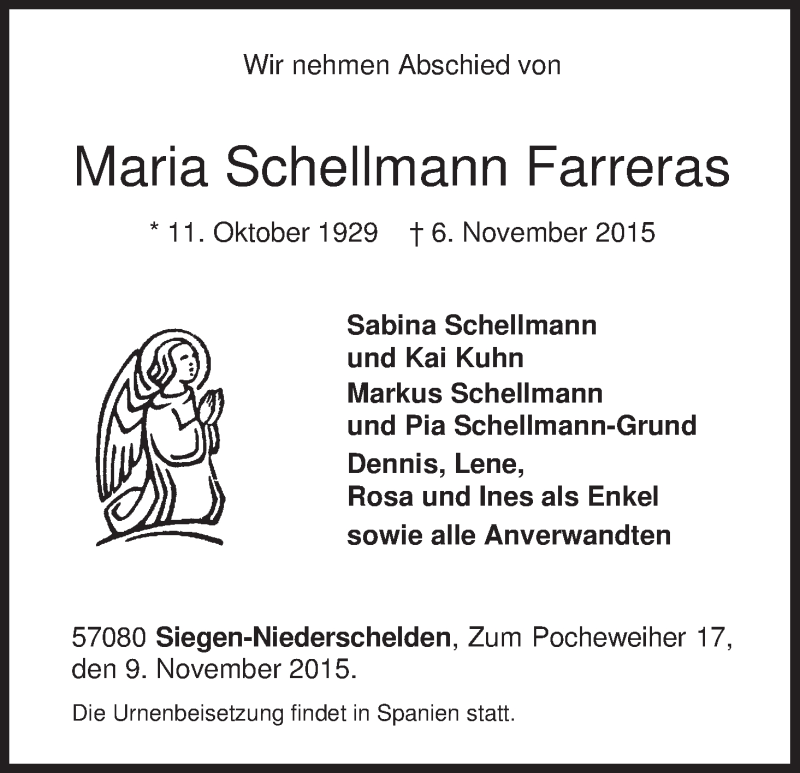  Traueranzeige für Maria Schellmann Farreras vom 10.11.2015 aus MGO