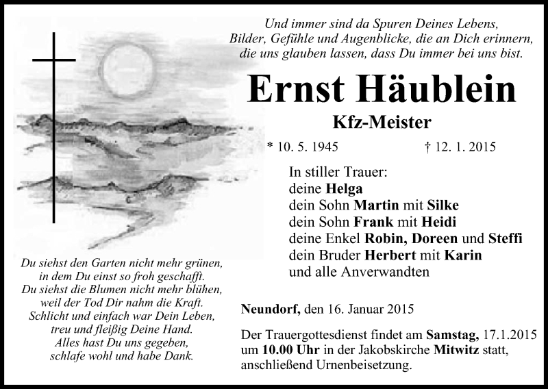  Traueranzeige für Ernst Häublein vom 16.01.2015 aus MGO