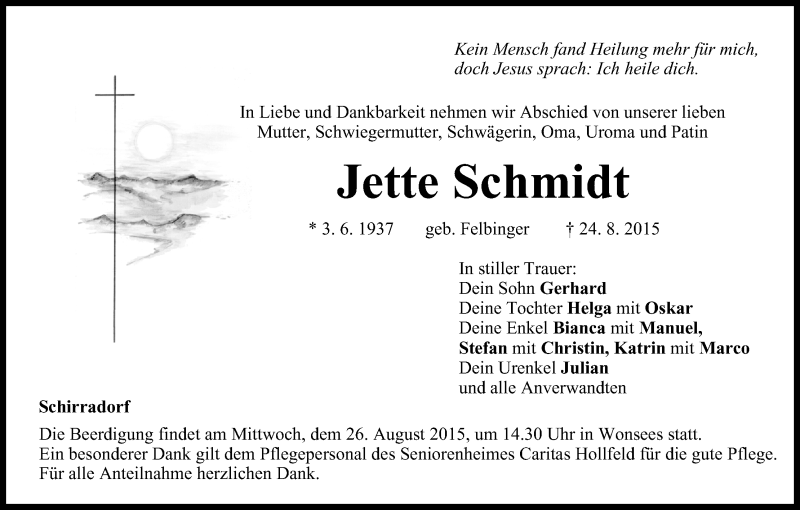  Traueranzeige für Jette Schmidt vom 25.08.2015 aus MGO