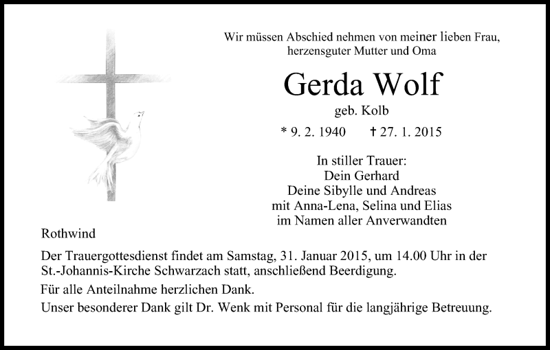  Traueranzeige für Gerda Wolf vom 29.01.2015 aus MGO