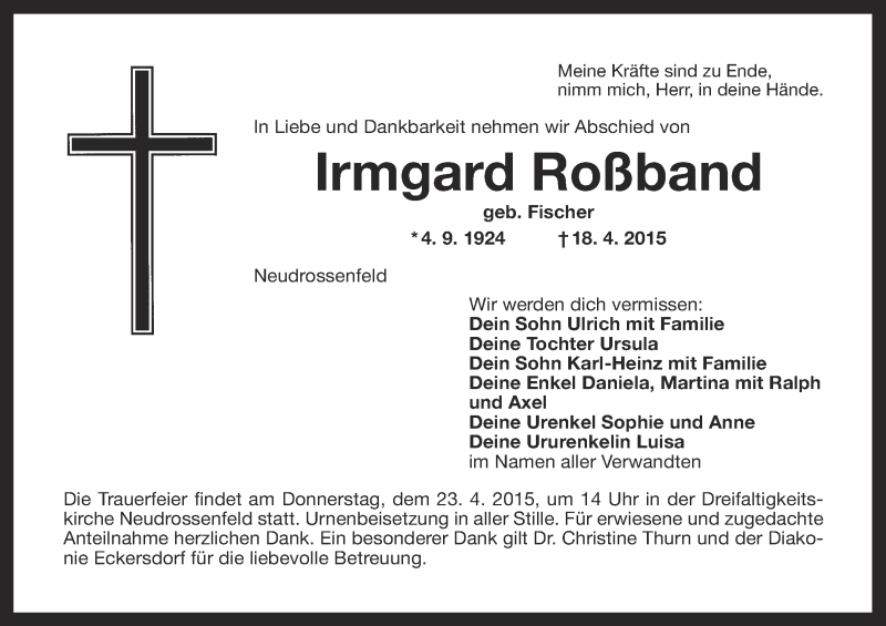  Traueranzeige für Irmgard Roßband vom 21.04.2015 aus MGO