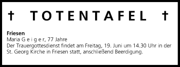 Anzeige von Totentafel vom 19.06.2015 von MGO