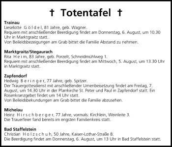Anzeige von Totentafel vom 05.08.2015 von MGO