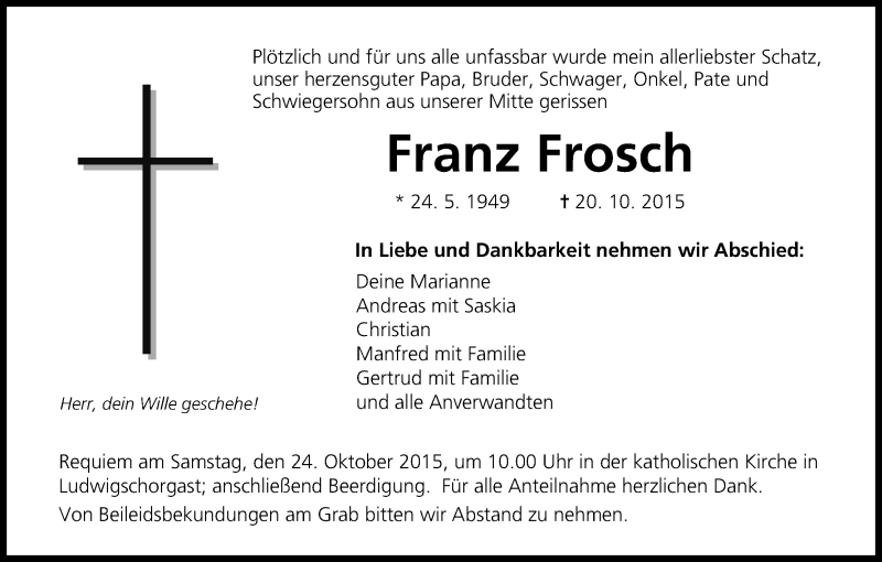  Traueranzeige für Franz Frosch vom 23.10.2015 aus MGO
