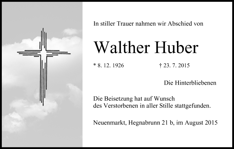  Traueranzeige für Walther Huber vom 08.08.2015 aus MGO
