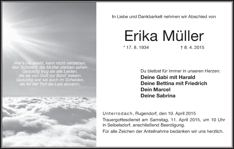  Traueranzeige für Erika Müller vom 10.04.2015 aus MGO