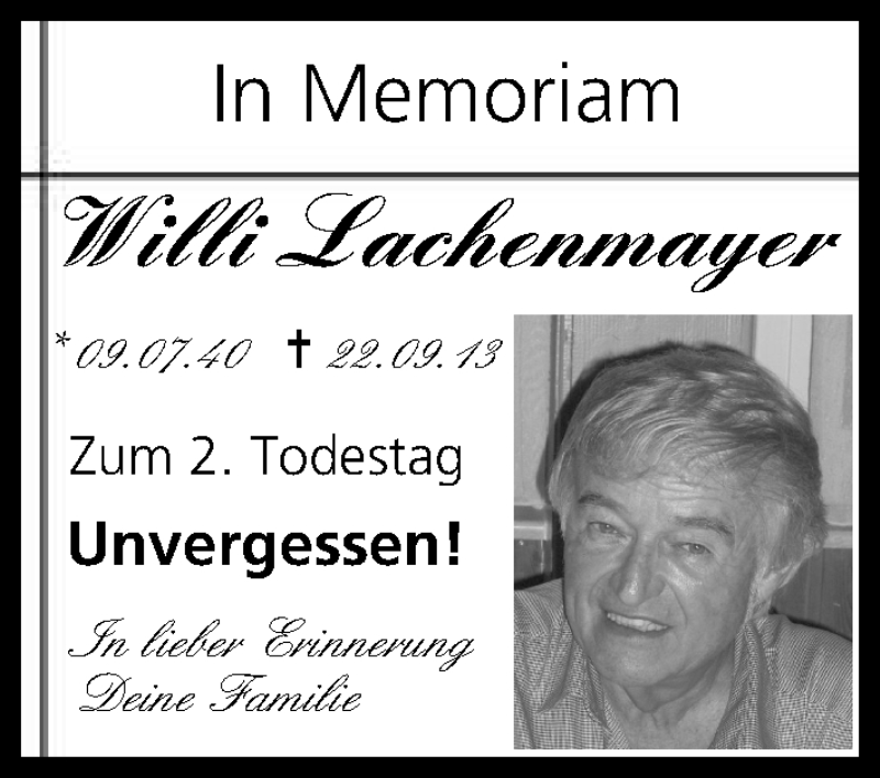  Traueranzeige für Willi Lachenmayer vom 19.09.2015 aus MGO