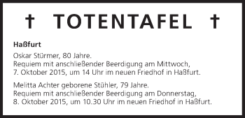 Anzeige von Totentafel vom 06.10.2015 von MGO