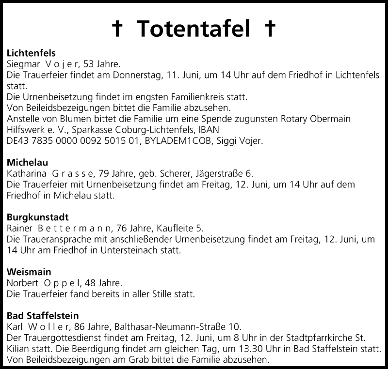  Traueranzeige für Totentafel vom 11.06.2015 vom 11.06.2015 aus MGO