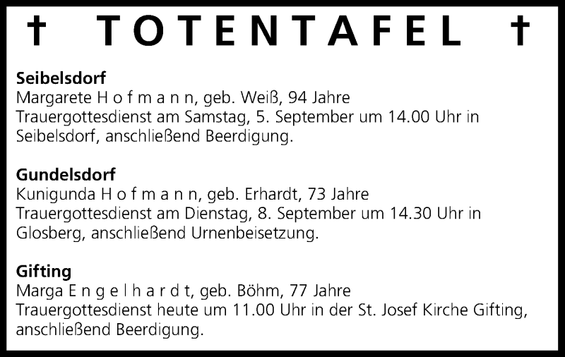  Traueranzeige für Totentafel vom 05.09.2015 vom 05.09.2015 aus MGO