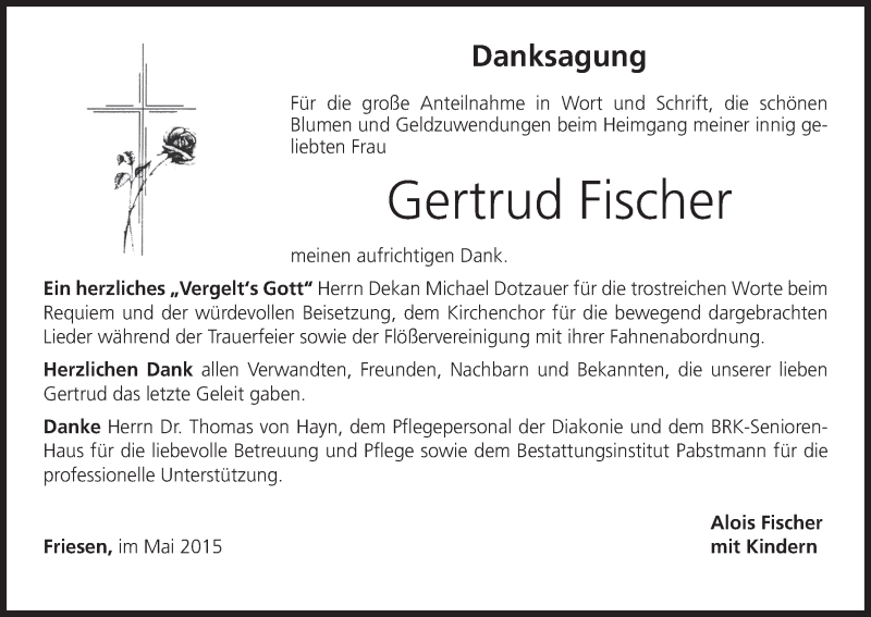  Traueranzeige für Gertrud Fischer vom 09.05.2015 aus MGO