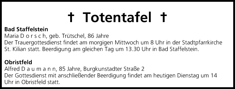  Traueranzeige für Totentafel vom 10.02.2015 vom 10.02.2015 aus MGO
