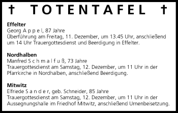Anzeige von Totentafel vom 11.12.2015 von MGO