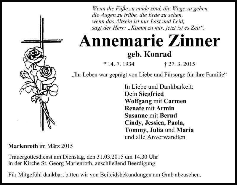  Traueranzeige für Annemarie Zinner vom 30.03.2015 aus MGO