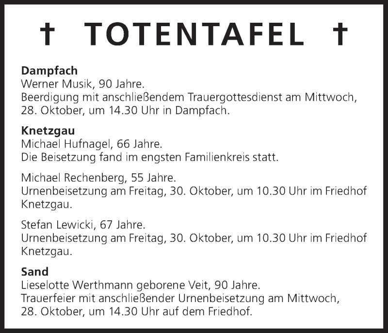  Traueranzeige für Totentafel vom 27.10.2015 vom 27.10.2015 aus MGO