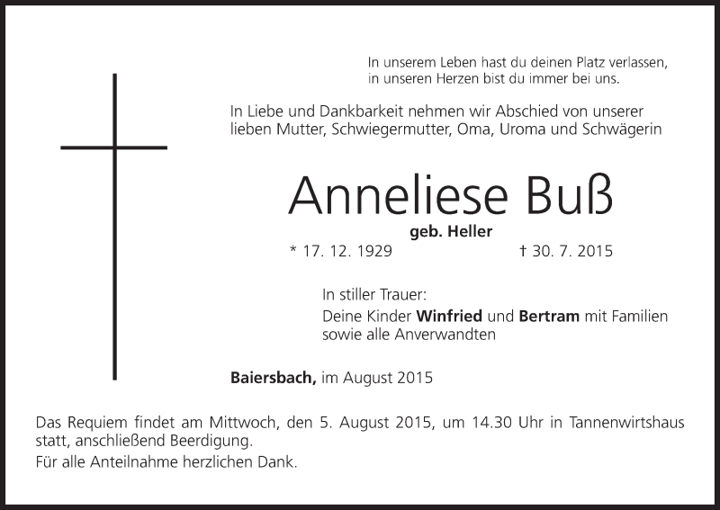  Traueranzeige für Anneliese Buß vom 03.08.2015 aus MGO