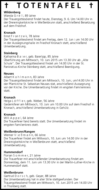 Anzeige von Totentafel vom 09.06.2015 von MGO