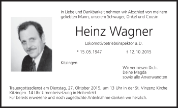 Anzeige von Heinz Wagner von MGO