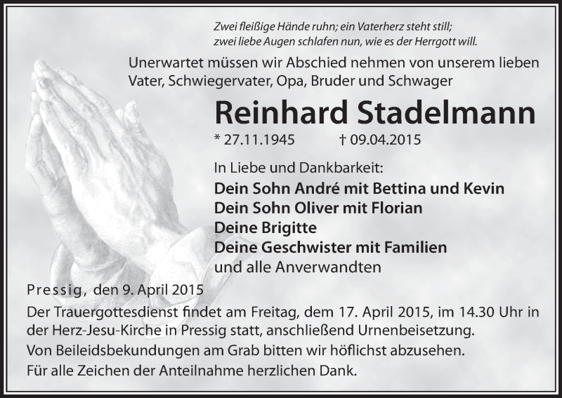  Traueranzeige für Reinhard Stadelmann vom 13.04.2015 aus MGO