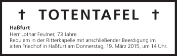 Anzeige von Totentafel vom 18.03.2015 von MGO