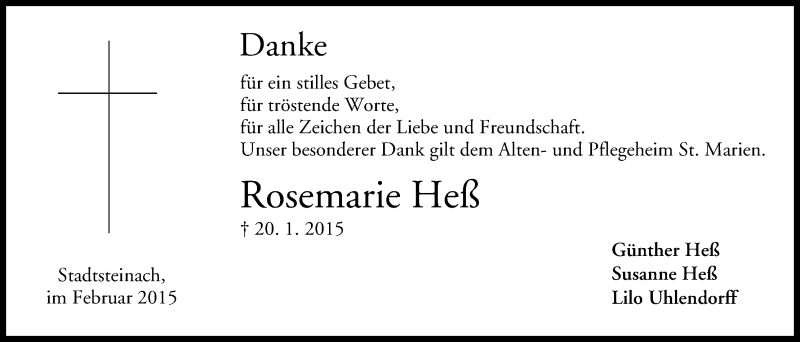  Traueranzeige für Rosemarie Heß vom 06.02.2015 aus MGO