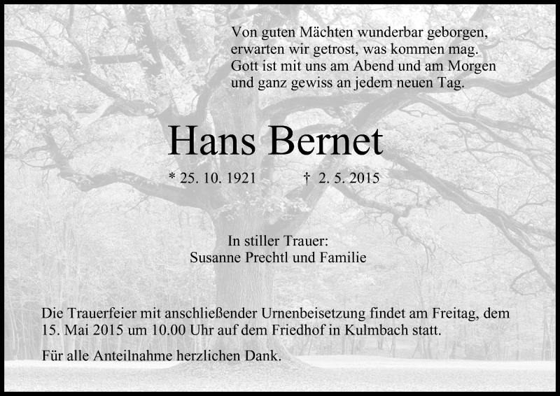  Traueranzeige für Hans Bernet vom 12.05.2015 aus MGO