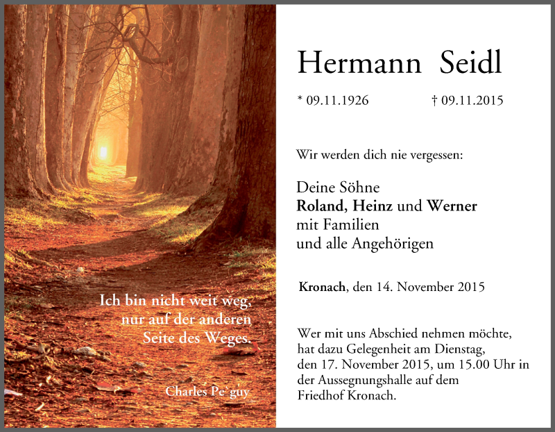  Traueranzeige für Hermann Seidl vom 14.11.2015 aus MGO