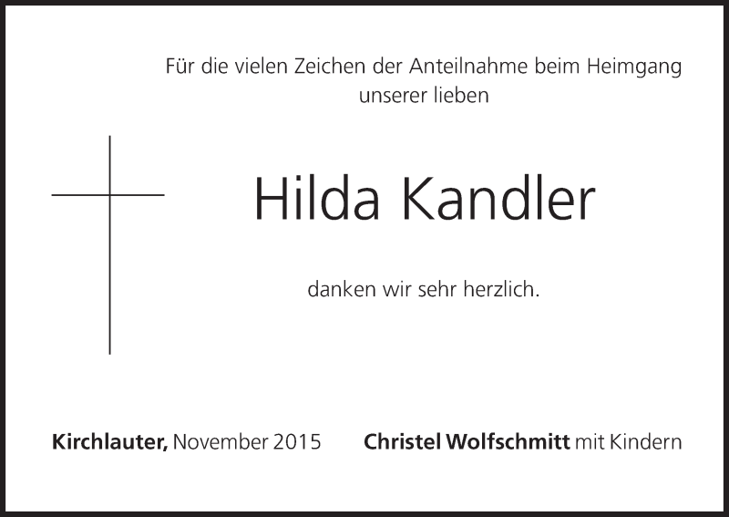  Traueranzeige für Hilda Kandler vom 07.11.2015 aus MGO