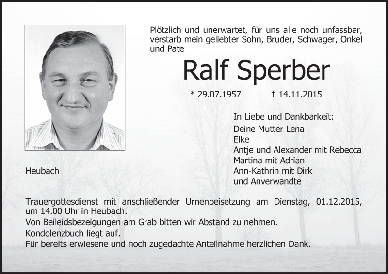  Traueranzeige für Ralf Sperber vom 23.11.2015 aus MGO