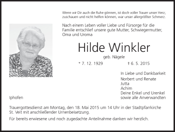 Anzeige von Hilde Winkler von MGO