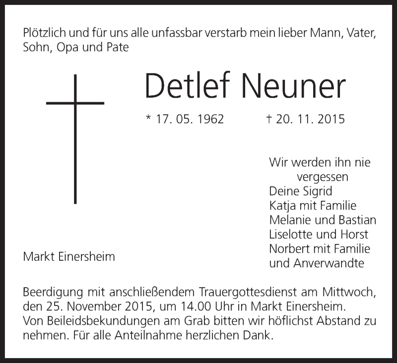  Traueranzeige für Detlef Neuner vom 24.11.2015 aus MGO