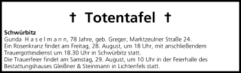 Anzeige von Totentafel vom 28.08.2015 von MGO