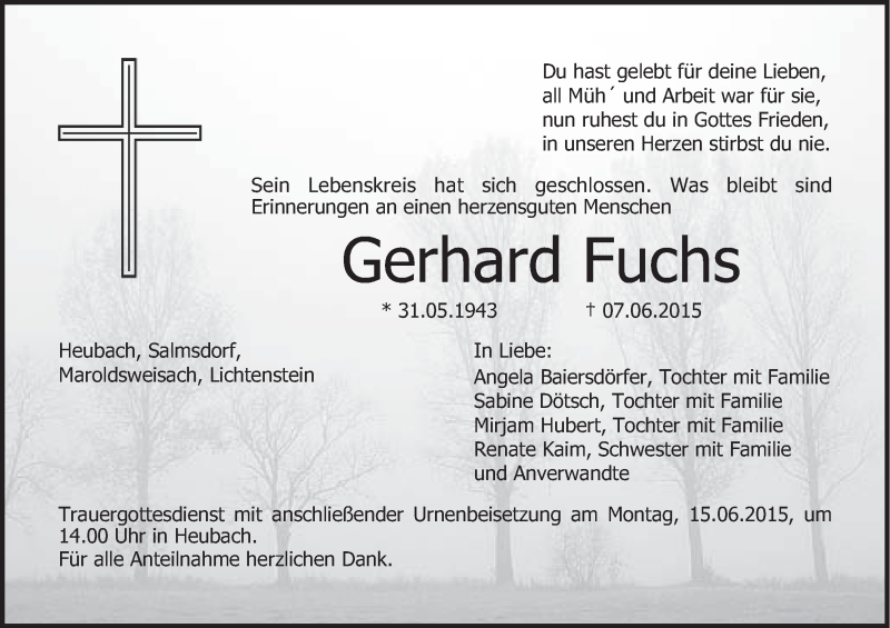  Traueranzeige für Gerhard Fuchs vom 12.06.2015 aus MGO