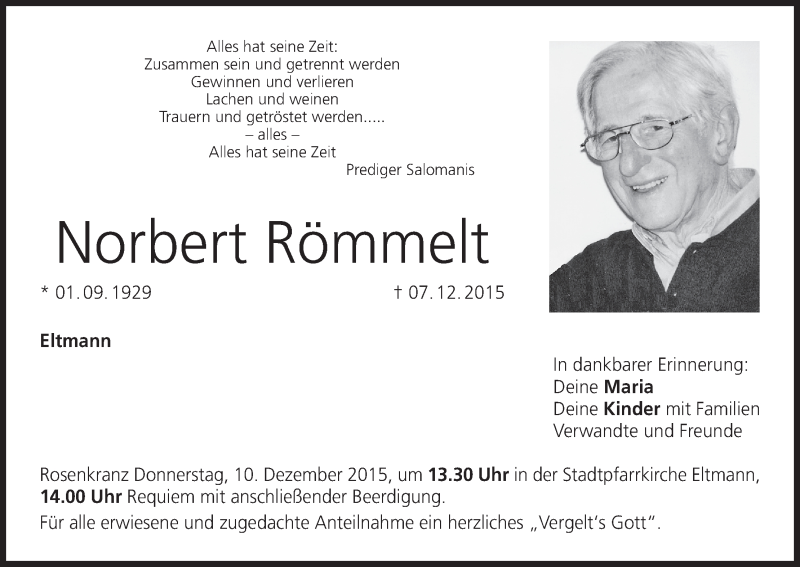  Traueranzeige für Norbert Römmelt vom 09.12.2015 aus MGO