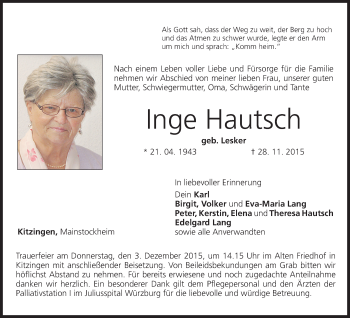 Anzeige von Inge Hautsch von MGO