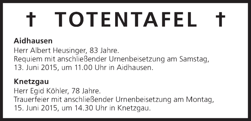  Traueranzeige für Totentafel vom 13.06.2015 vom 13.06.2015 aus MGO