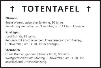 Anzeige von Totentafel vom 05.11.2015 von MGO