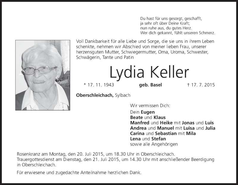  Traueranzeige für Lydia Keller vom 18.07.2015 aus MGO