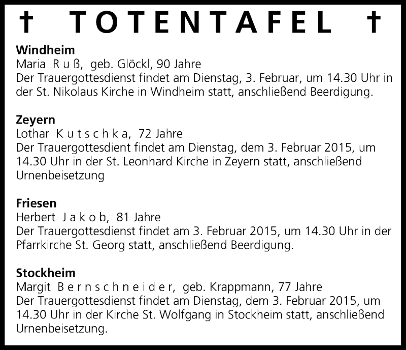  Traueranzeige für Totentafel vom 03.02.2015 vom 03.02.2015 aus MGO