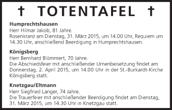 Anzeige von Totentafel vom 30.03.2015 von MGO