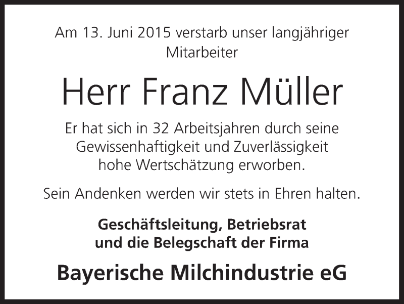  Traueranzeige für Franz Müller vom 20.06.2015 aus MGO