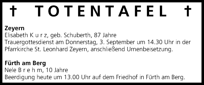  Traueranzeige für Totentafel vom 01.09.2015 vom 01.09.2015 aus MGO
