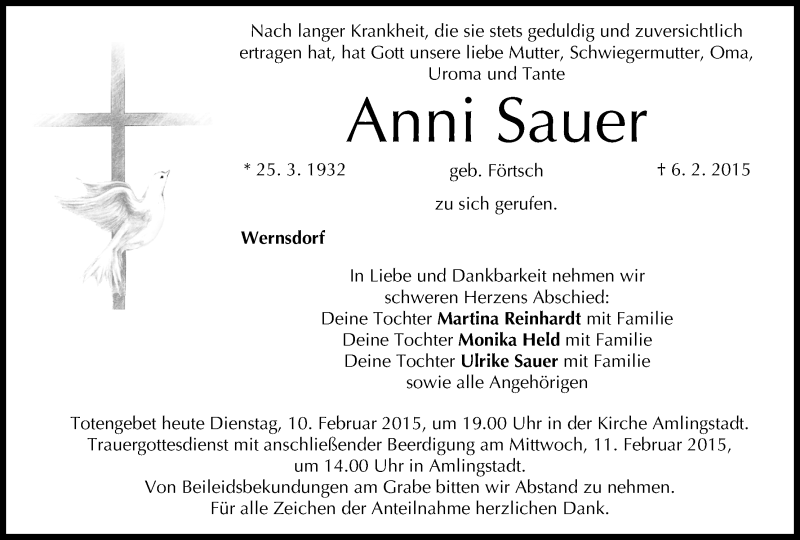  Traueranzeige für Anni Sauer vom 10.02.2015 aus MGO