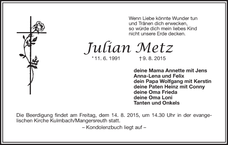  Traueranzeige für Julian Metz vom 13.08.2015 aus MGO